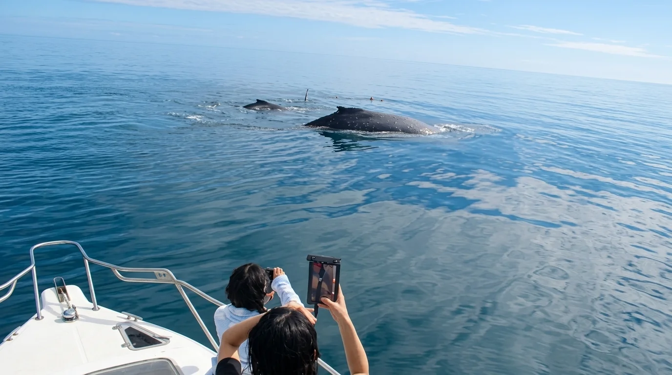 Humpback whale mother and calf during whale swim season in Tonga