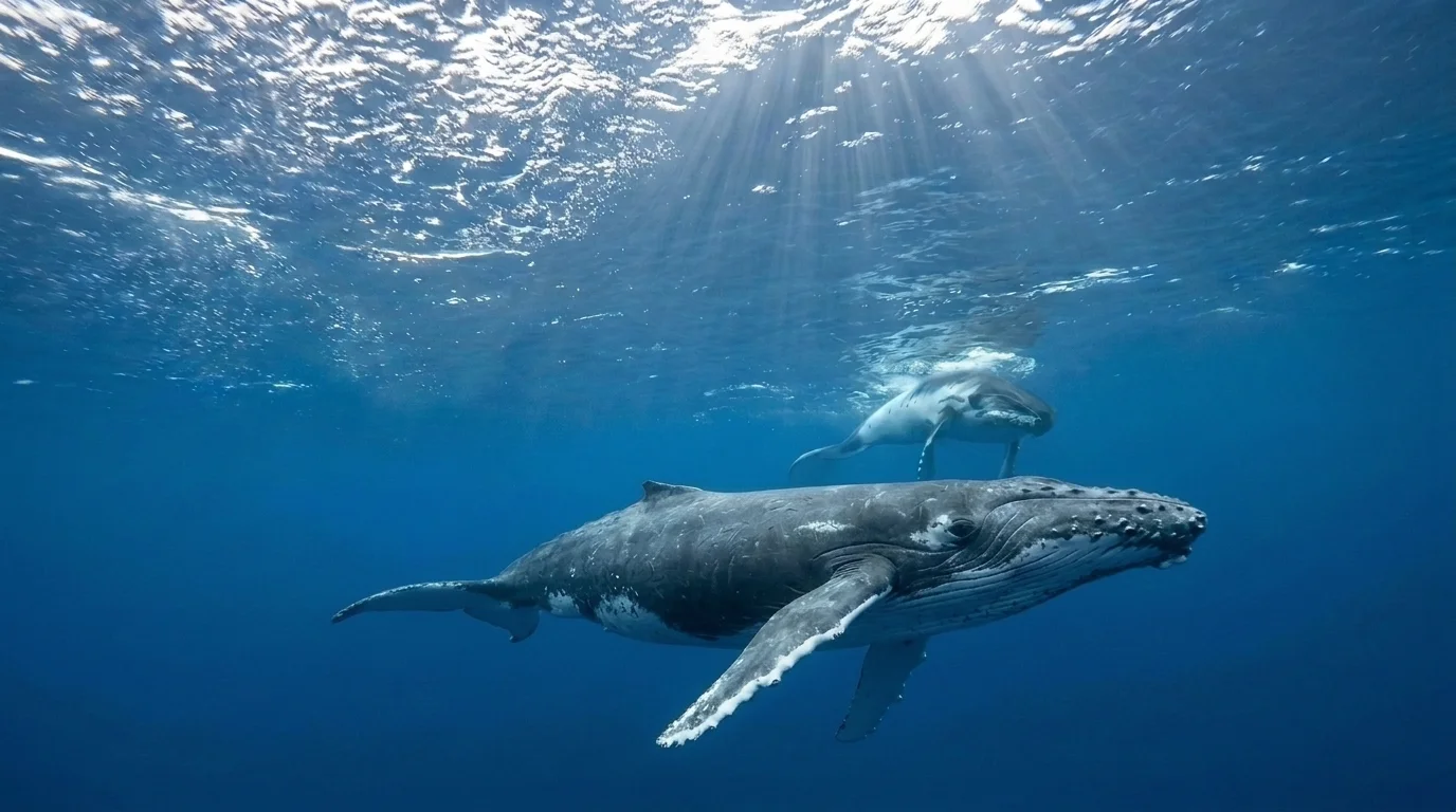 Diver swimming alongside a humpback whale and calf